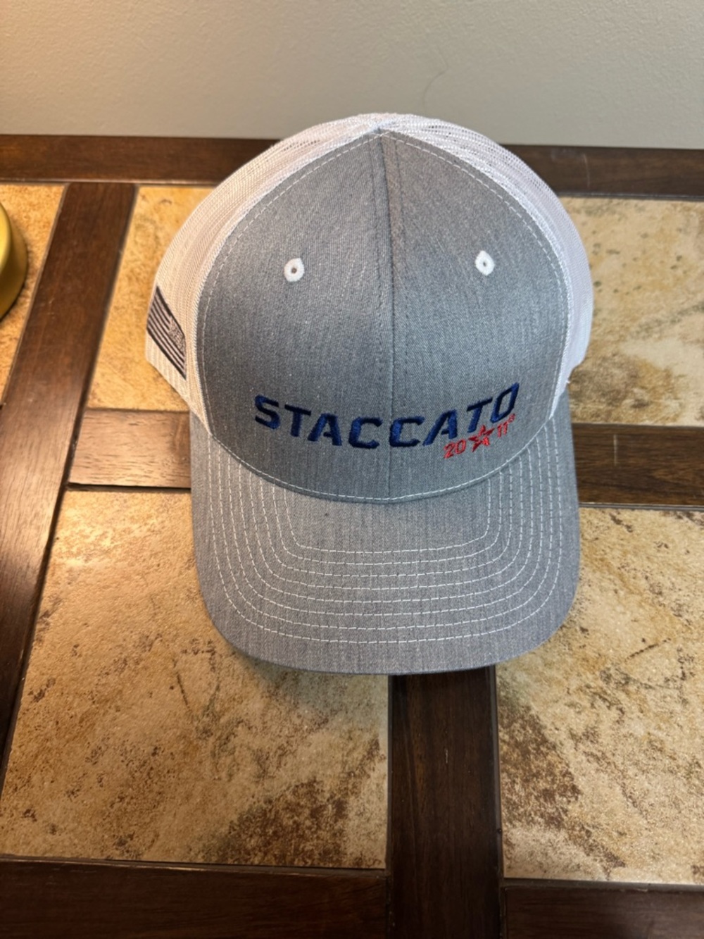 Staccato Grey and White Mesh Logo Trucker Hat